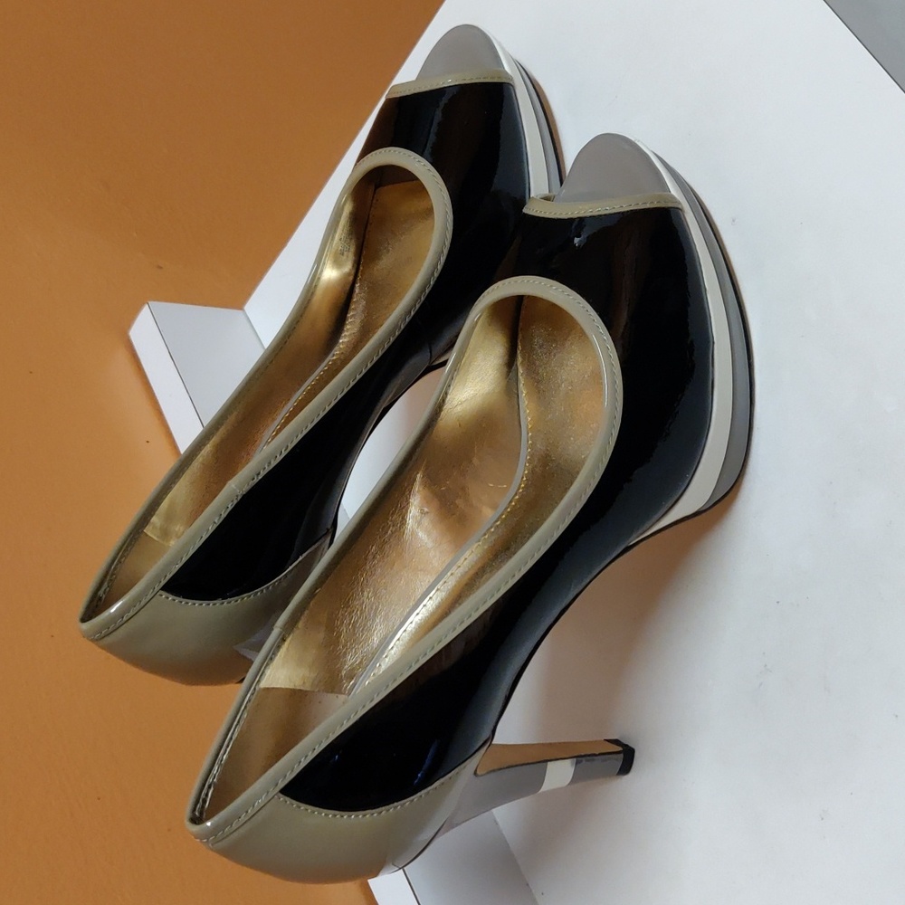 Antonio Melani Blk/Wht/Gray & Sage Patent Peep Toe Platform High Heel Shoes